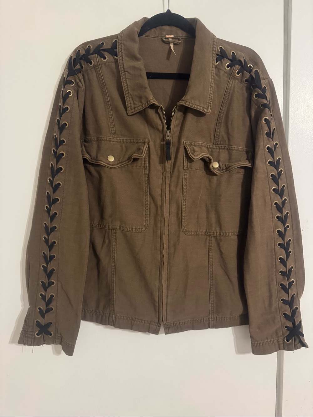 Free People Olive Green Utility Jacket with Black Lace-Up Sleeves